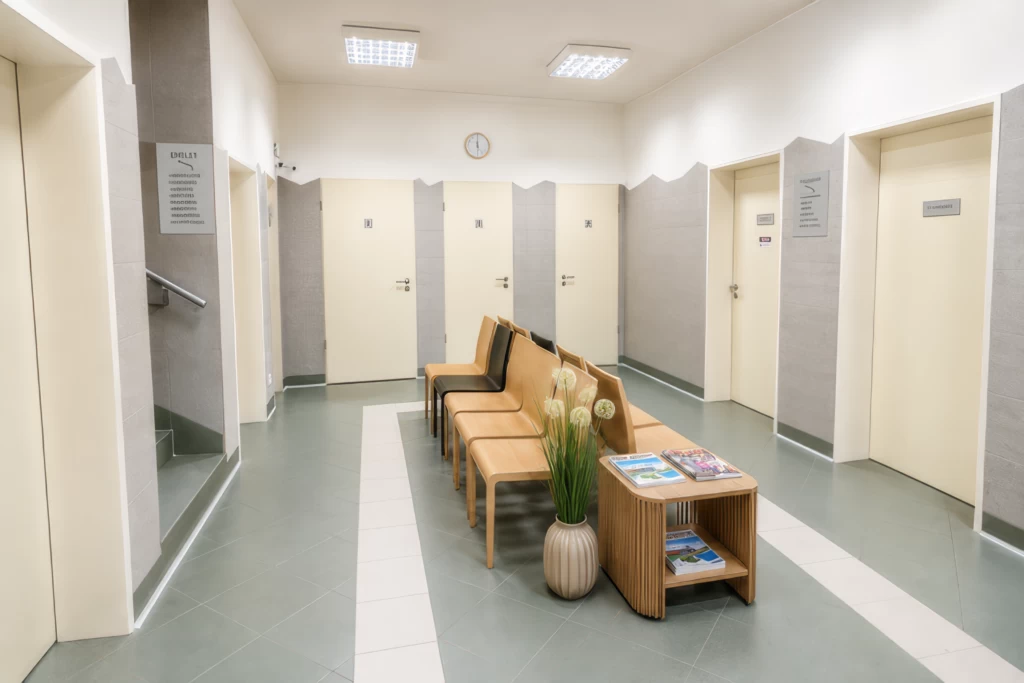 Váróterem várószékekkel a folyosón